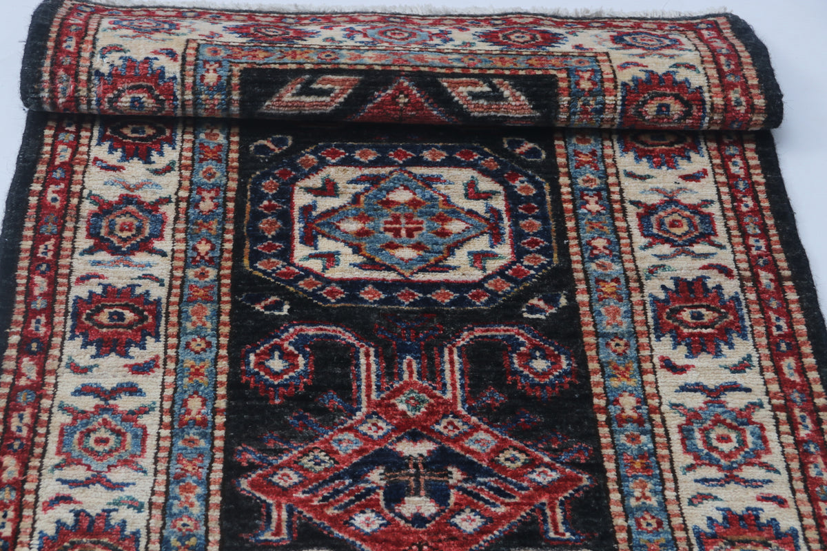 Detail 8 of black floral Super Kazak cotton-and-wool rug, 2 x 3 ft