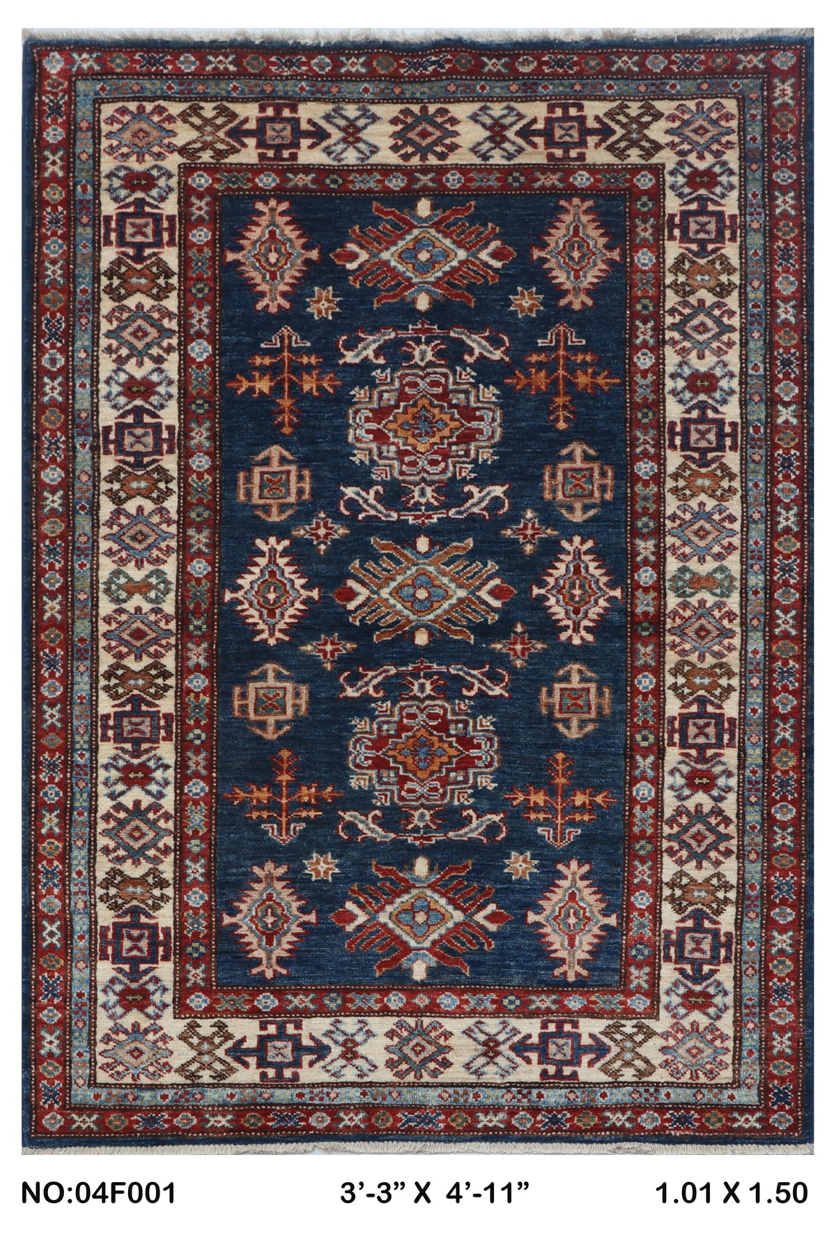 Full view of blue floral Super Kazak cotton-and-wool rug, 3 x 5 ft