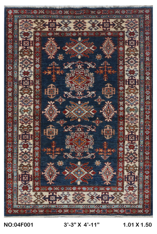 Full view of blue floral Super Kazak cotton-and-wool rug, 3 x 5 ft