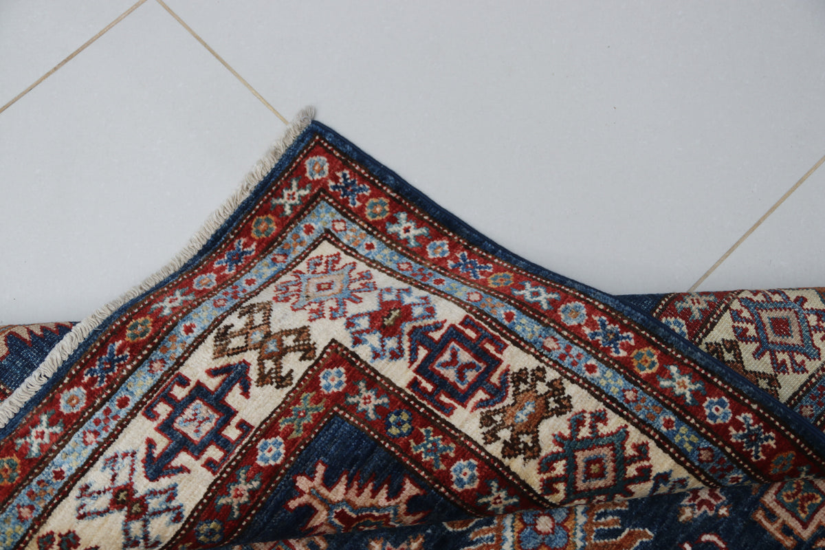 Detail 10 of blue floral Super Kazak cotton-and-wool rug, 3 x 5 ft