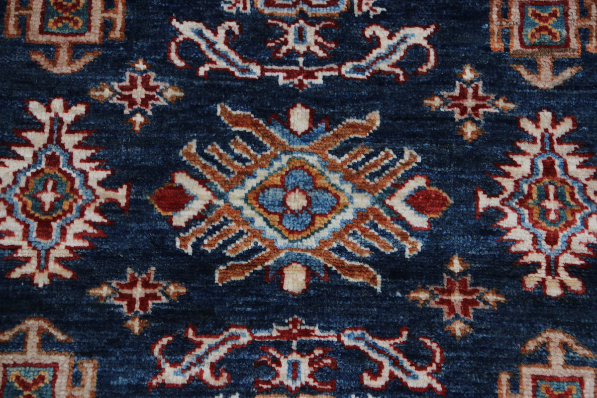 Detail 5 of blue floral Super Kazak cotton-and-wool rug, 3 x 5 ft