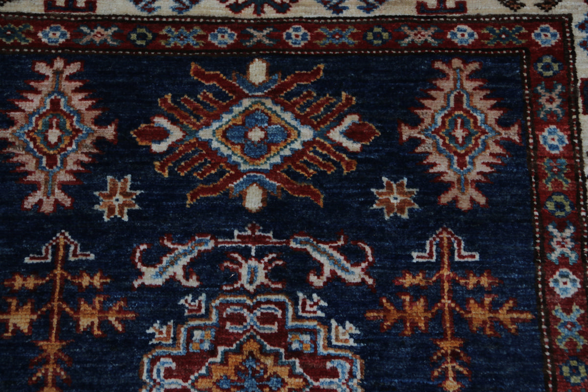 Detail 7 of blue floral Super Kazak cotton-and-wool rug, 3 x 5 ft
