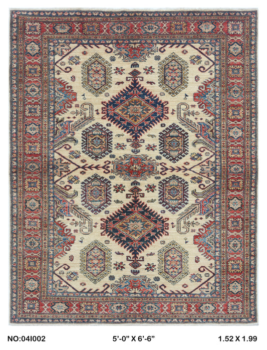 Full view of beige floral Super Kazak cotton-and-wool rug, 5 x 7 ft