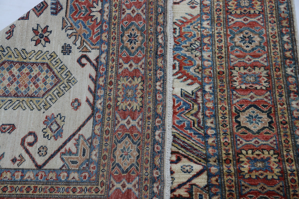 Detail 7 of beige floral Super Kazak cotton-and-wool rug, 5 x 7 ft