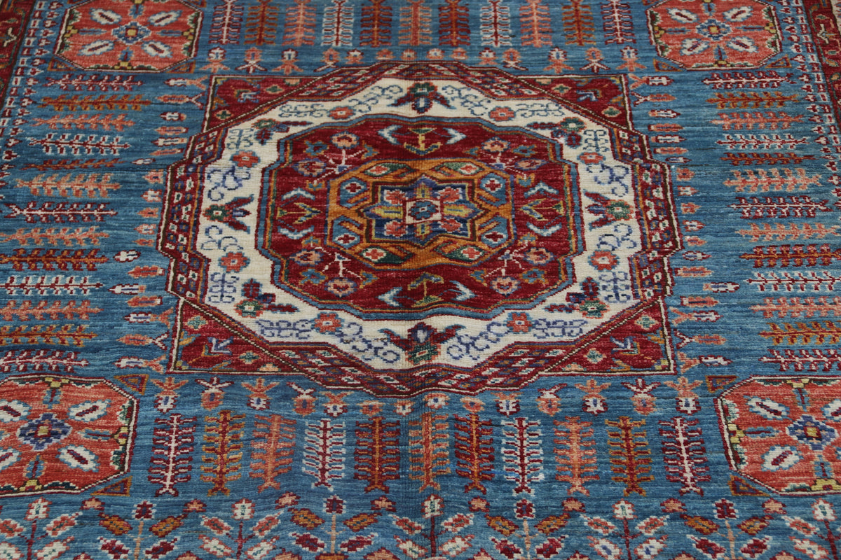 Detail 3 of blue floral Super Kazak cotton-and-wool rug, 5 x 7 ft