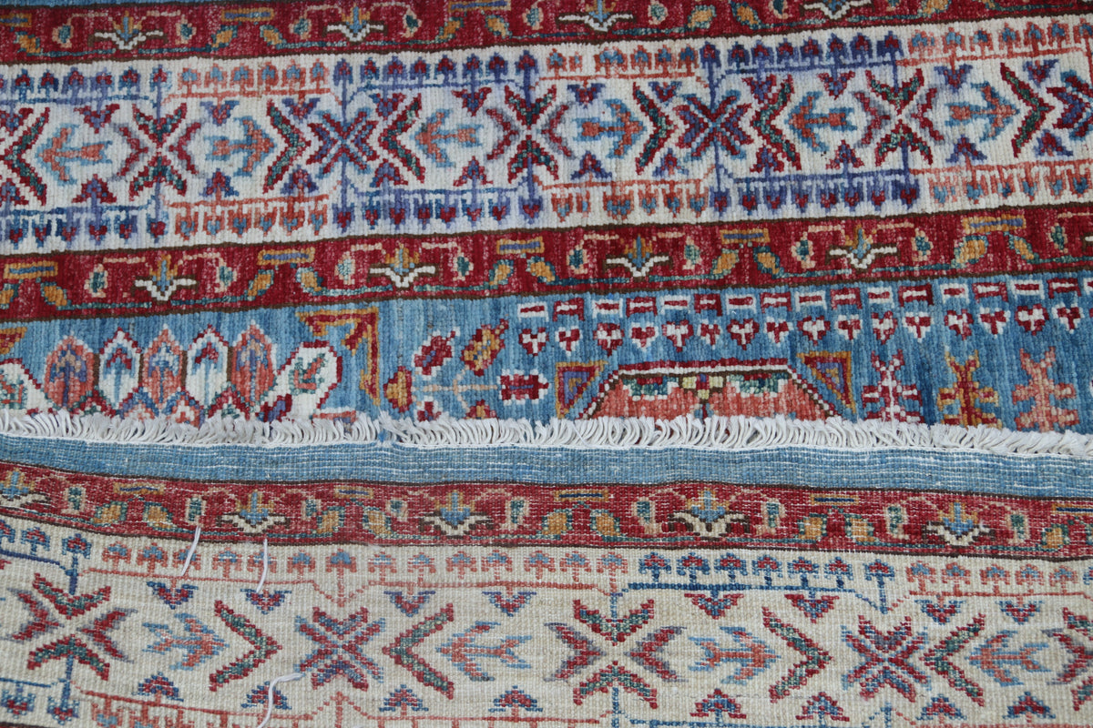 Detail 7 of blue floral Super Kazak cotton-and-wool rug, 5 x 7 ft