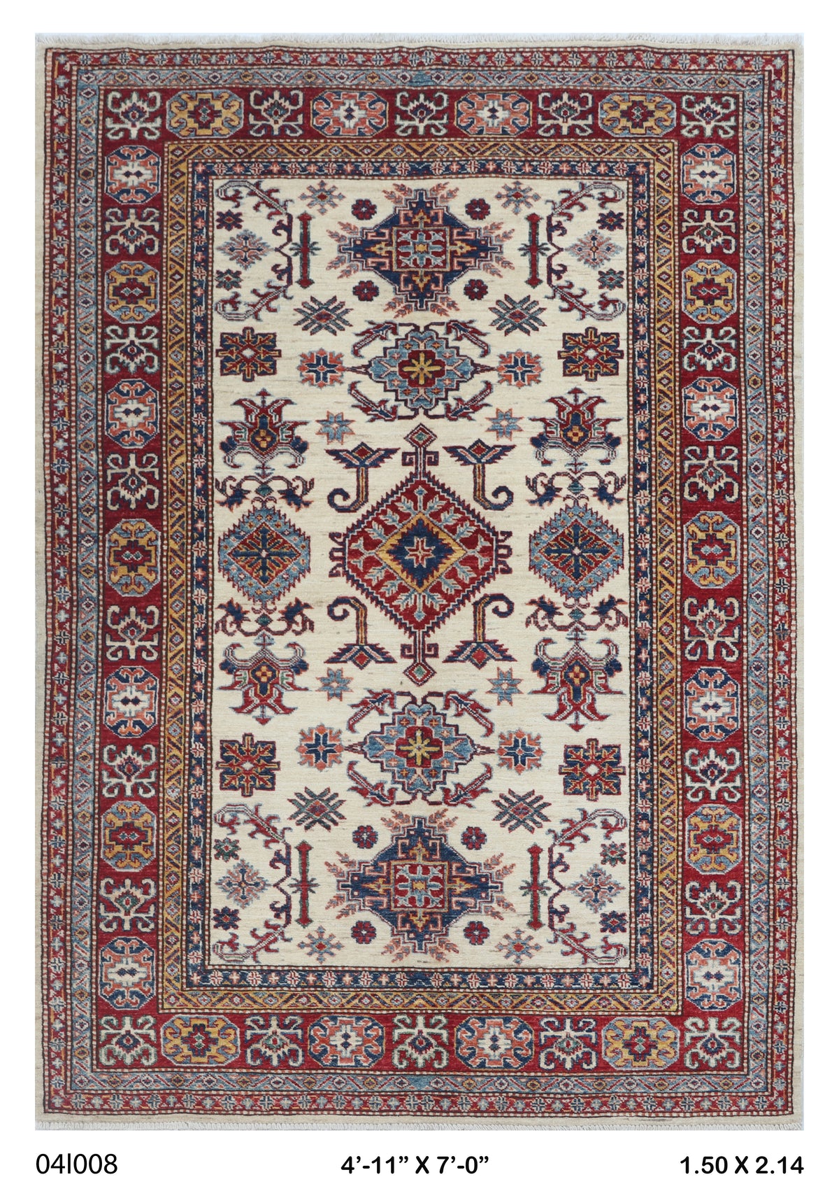 Full view of beige floral Super Kazak cotton-and-wool rug, 5 x 7 ft