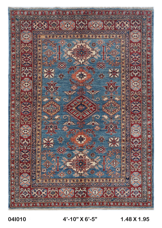 Full view of blue Super Kazak handwoven wool rug, 5 x 7 ft