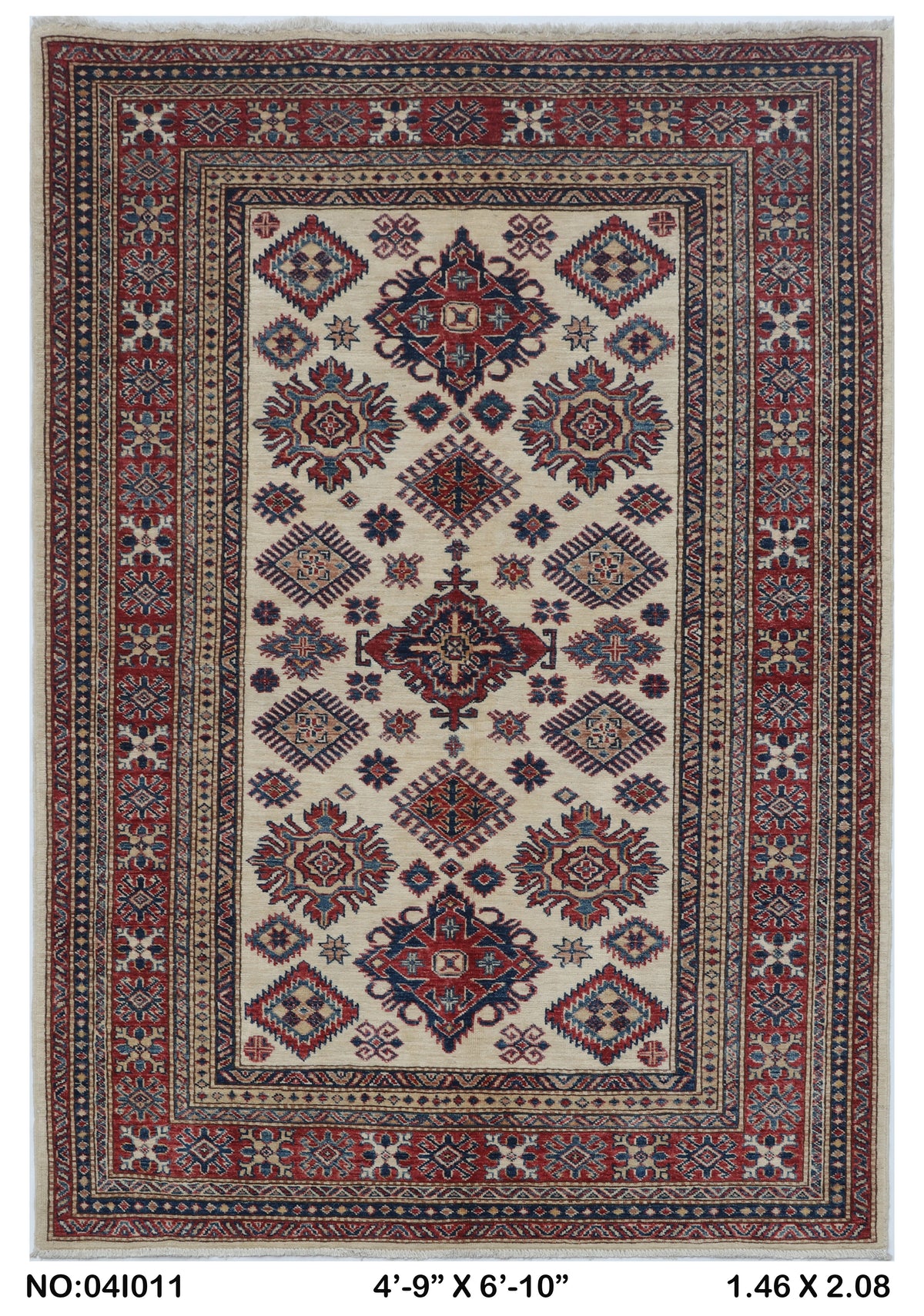 Full view of beige Super Kazak handwoven wool rug, 5 x 7 ft