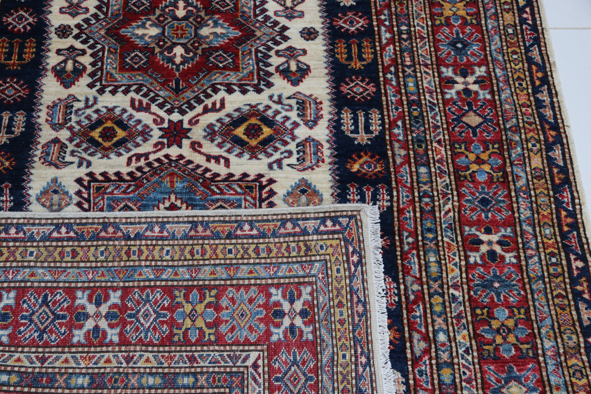 Detail view 7 of beige Super Kazak handwoven wool rug, 5 x 7 ft