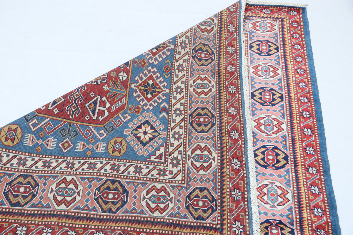 Detail 7 of blue floral Super Kazak cotton-and-wool rug, 5 x 7 ft