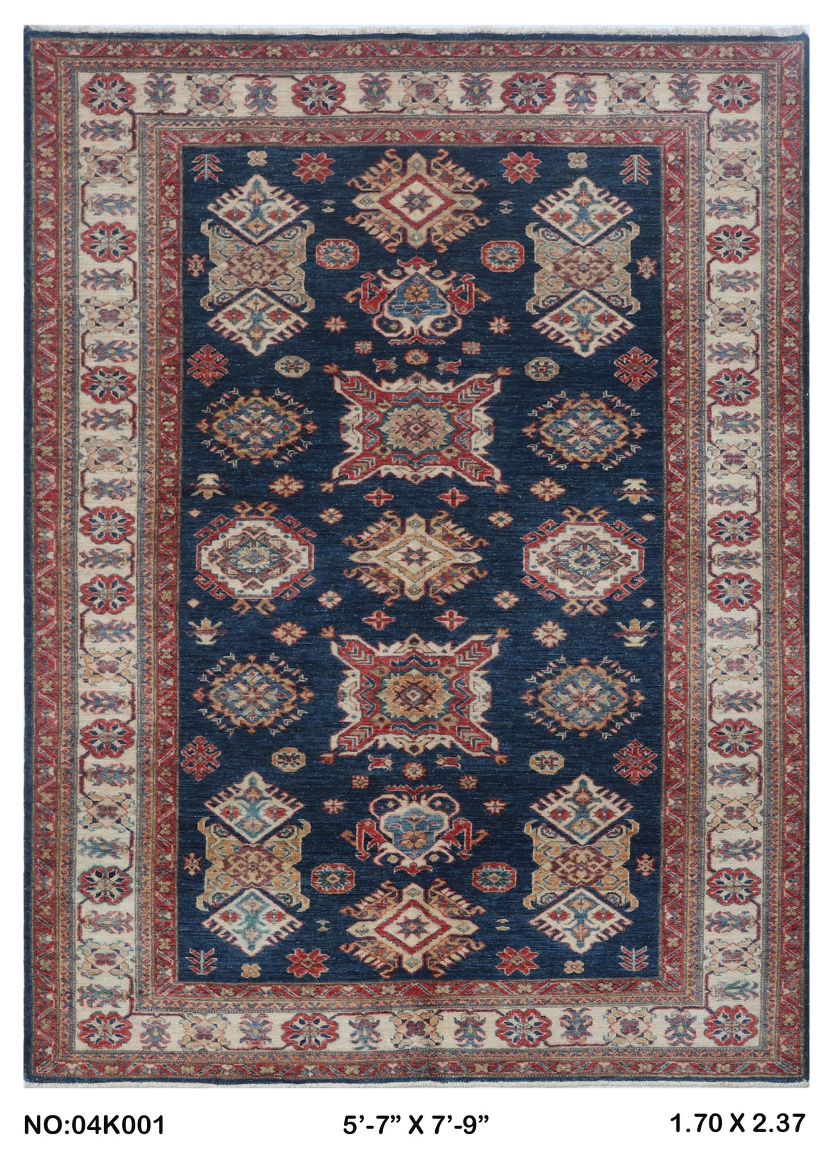 Full view of blue Super Kazak handwoven wool rug, 5.5 x 8 ft