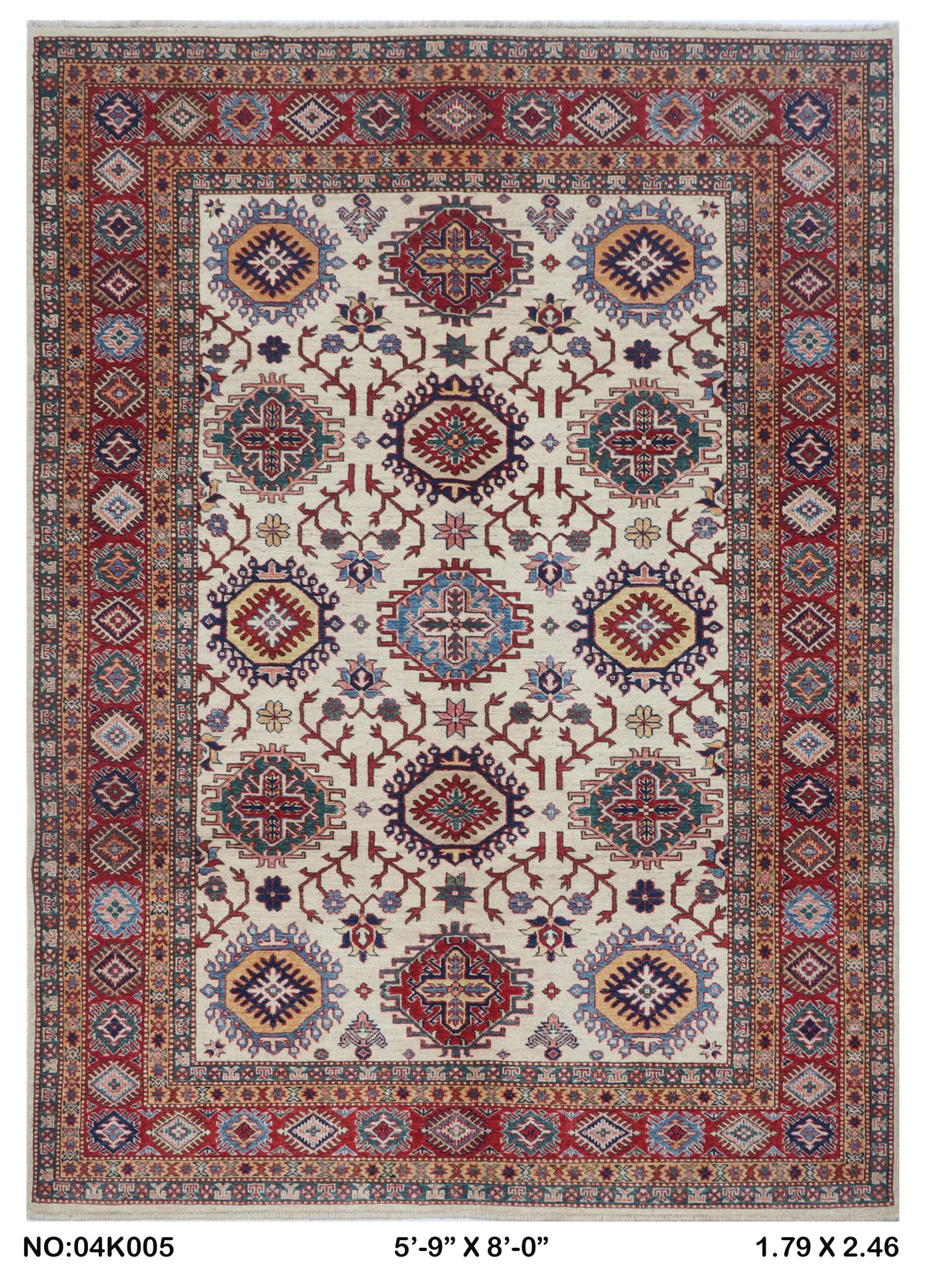 Full view of beige Super Kazak handwoven wool rug, 5.5 x 8 ft