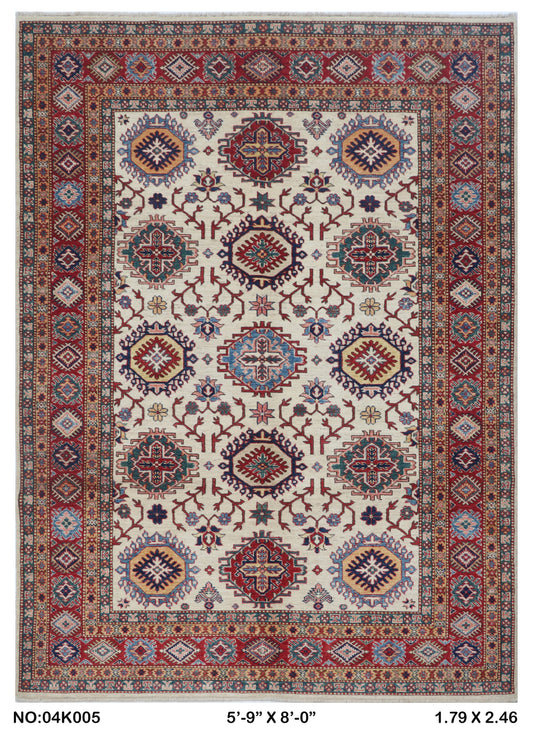 Full view of beige Super Kazak handwoven wool rug, 5.5 x 8 ft