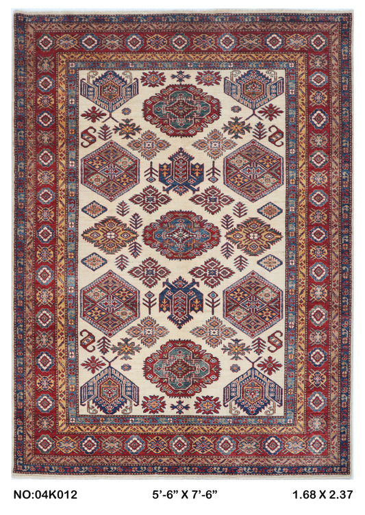Full view of beige floral Super Kazak cotton-and-wool rug, 5.5 x 8 ft