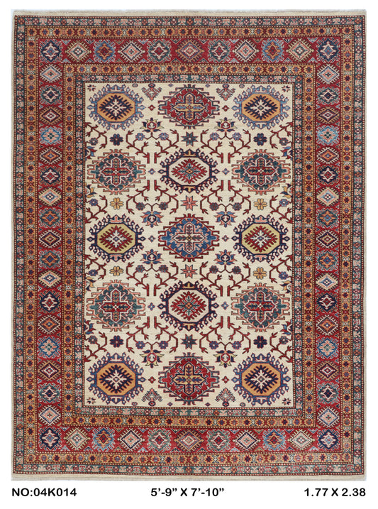 Full view of beige floral Super Kazak cotton-and-wool rug, 5.5 x 8 ft