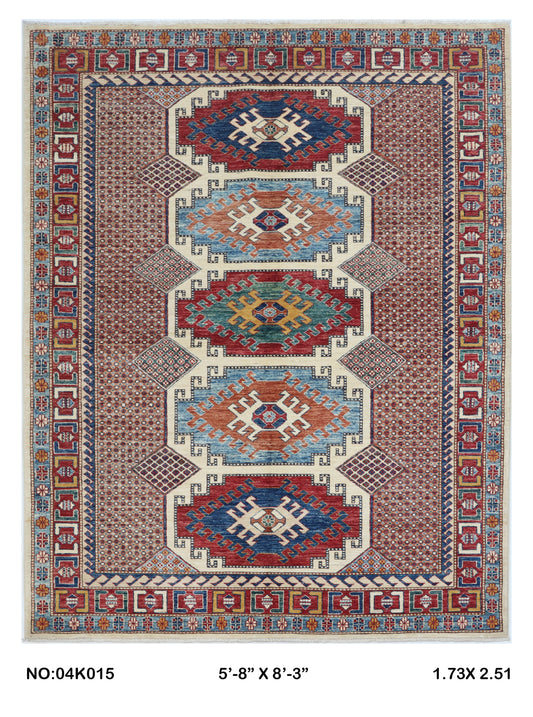 Full view of beige floral Super Kazak cotton-and-wool rug, 5.5 x 8 ft