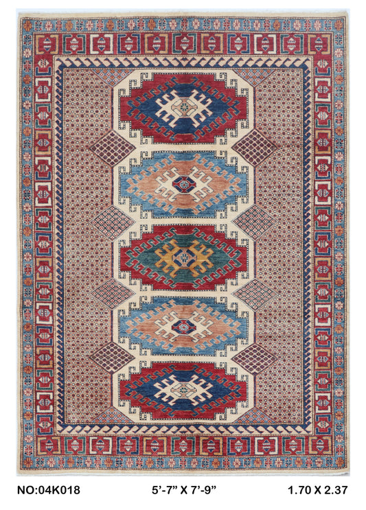 Full view of beige floral Super Kazak cotton-and-wool rug, 5.5 x 8 ft