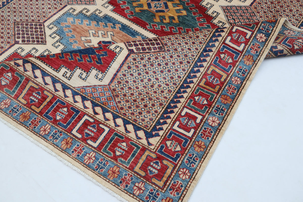 Detail 10 of beige floral Super Kazak cotton-and-wool rug, 5.5 x 8 ft