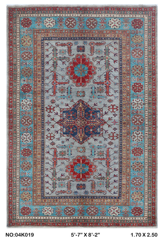 Full view of gray floral Super Kazak cotton-and-wool rug, 5.5 x 8 ft
