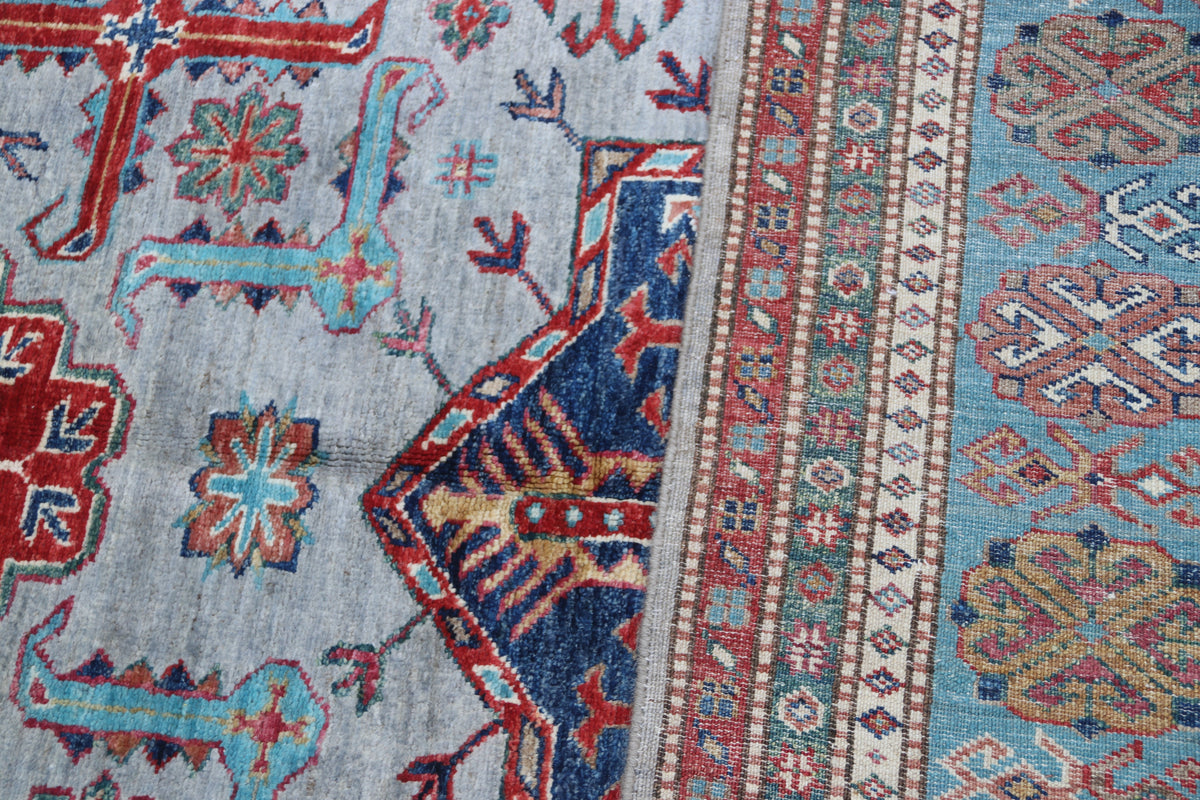 Detail 7 of gray floral Super Kazak cotton-and-wool rug, 5.5 x 8 ft