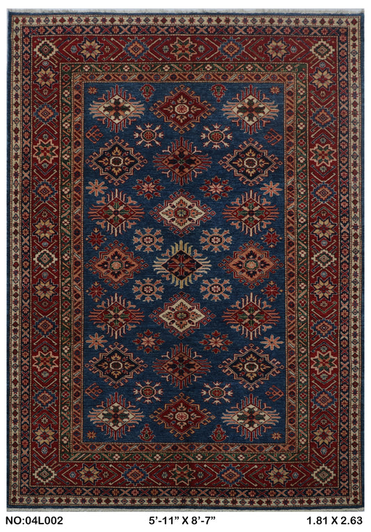 Full view of blue floral Super Kazak cotton-and-wool rug, 6 x 9 ft