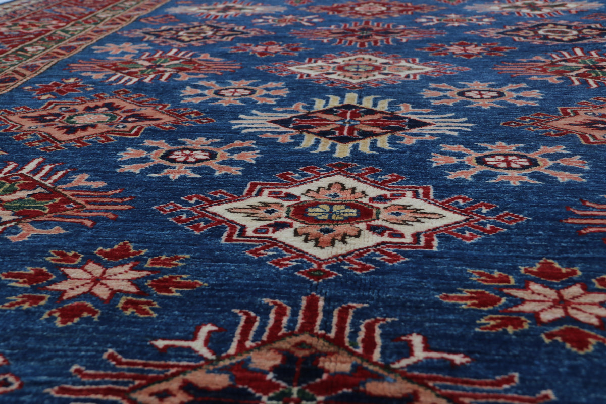 Detail 7 of blue floral Super Kazak cotton-and-wool rug, 6 x 9 ft