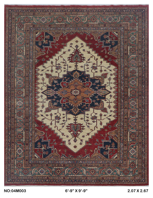 Full view of beige floral Super Kazak cotton-and-wool rug, 6.5 x 9.5 ft