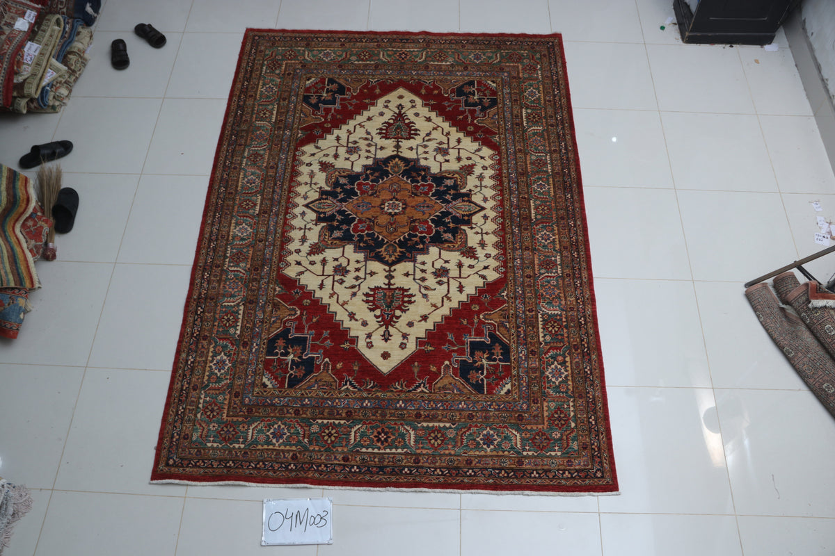 Detail 2 of beige floral Super Kazak cotton-and-wool rug, 6.5 x 9.5 ft