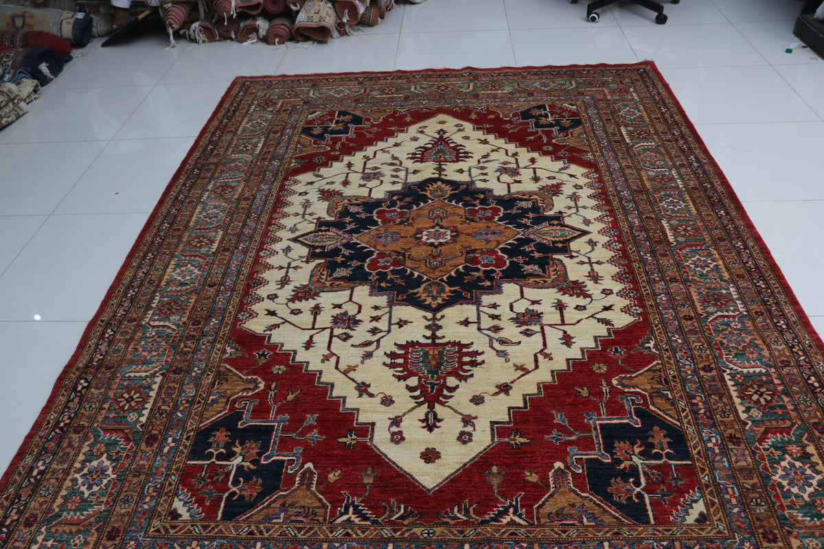 Detail 3 of beige floral Super Kazak cotton-and-wool rug, 6.5 x 9.5 ft