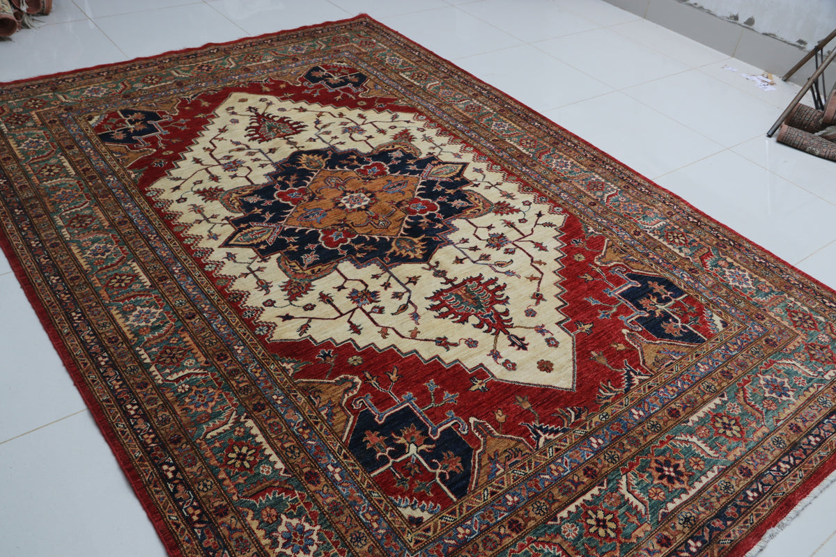 Detail 7 of beige floral Super Kazak cotton-and-wool rug, 6.5 x 9.5 ft