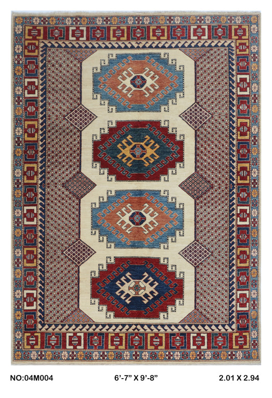 Full view of beige floral Super Kazak cotton-and-wool rug, 6.5 x 9.5 ft