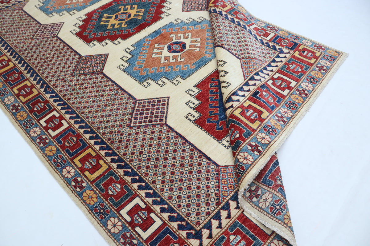 Detail 13 of beige floral Super Kazak cotton-and-wool rug, 6.5 x 9.5 ft