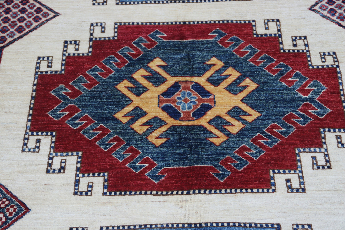 Detail 5 of beige floral Super Kazak cotton-and-wool rug, 6.5 x 9.5 ft