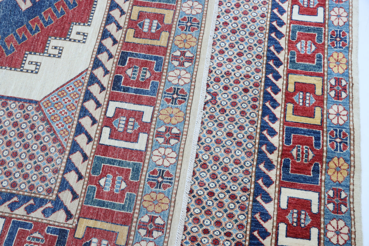 Detail 7 of beige floral Super Kazak cotton-and-wool rug, 6.5 x 9.5 ft