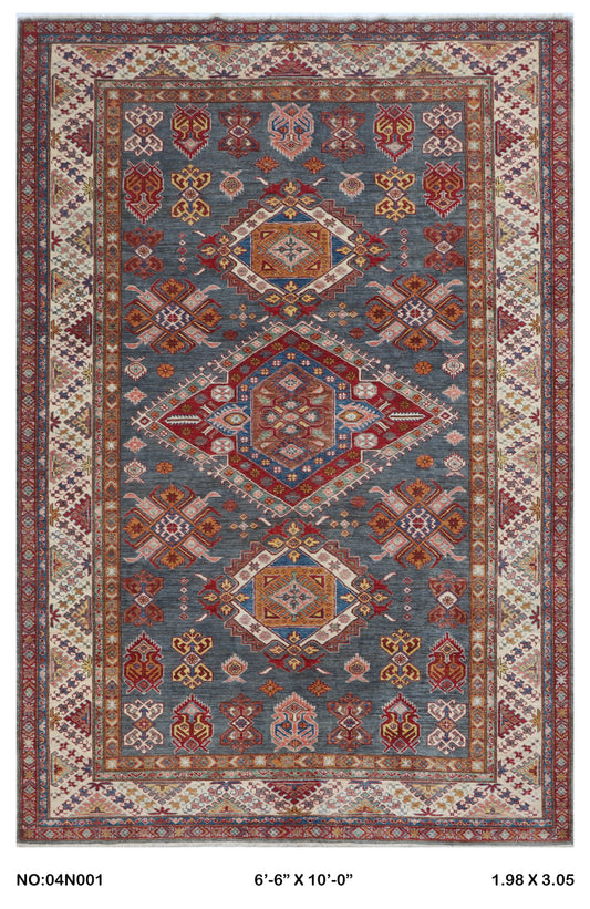 Full view of gray floral Super Kazak cotton-and-wool rug, 7 x 10 ft