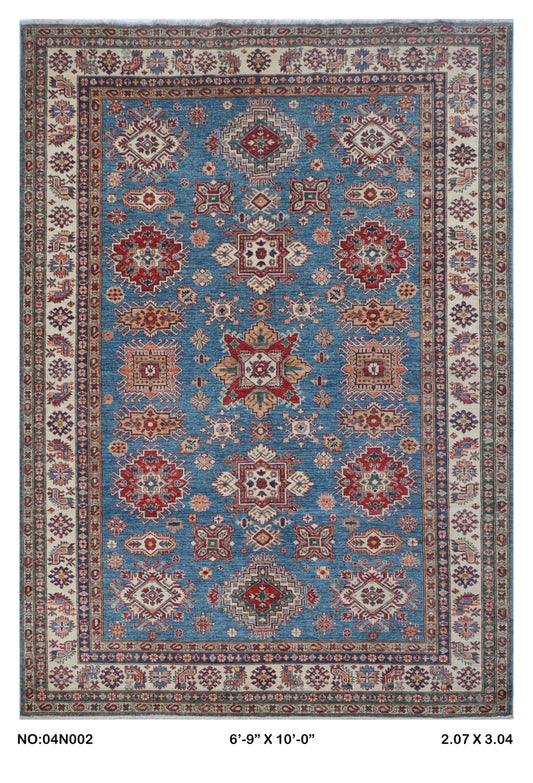 Full view of blue floral Super Kazak cotton-and-wool rug, 7 x 10 ft