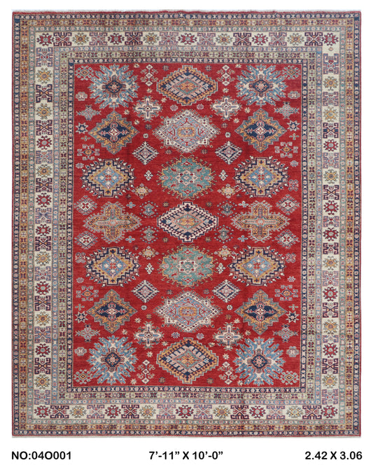 Full view of red floral Super Kazak cotton-and-wool rug, 8 x 10 ft