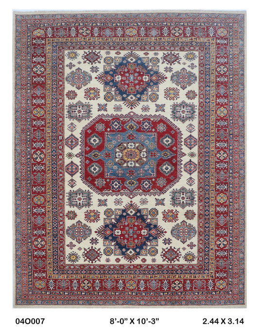 Full view of beige floral Super Kazak cotton-and-wool rug, 8 x 10 ft