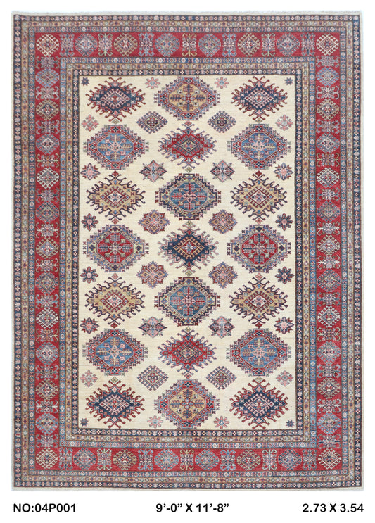 Full view of beige floral Super Kazak cotton-and-wool rug, 9 x 12 ft