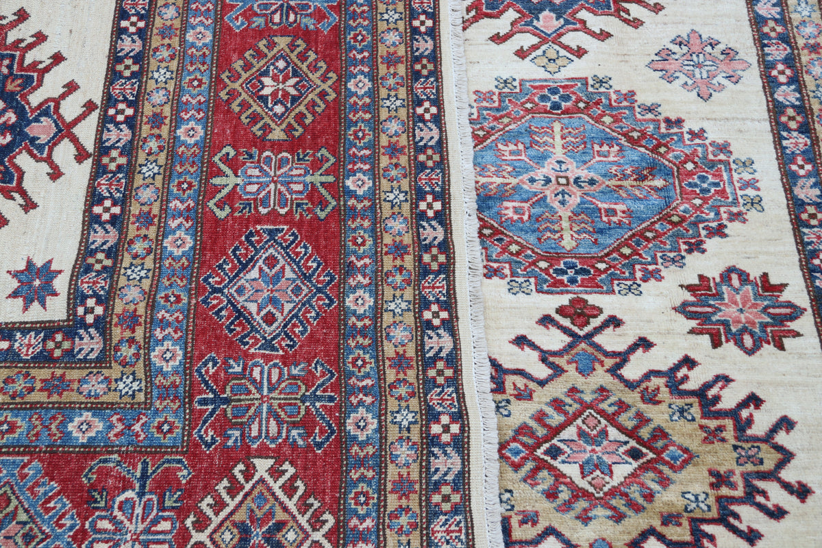 Detail 7 of beige floral Super Kazak cotton-and-wool rug, 9 x 12 ft