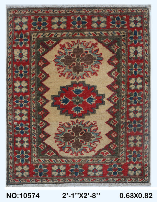Full view of brown Commercial Kazak handwoven wool rug, 2 x 3 ft