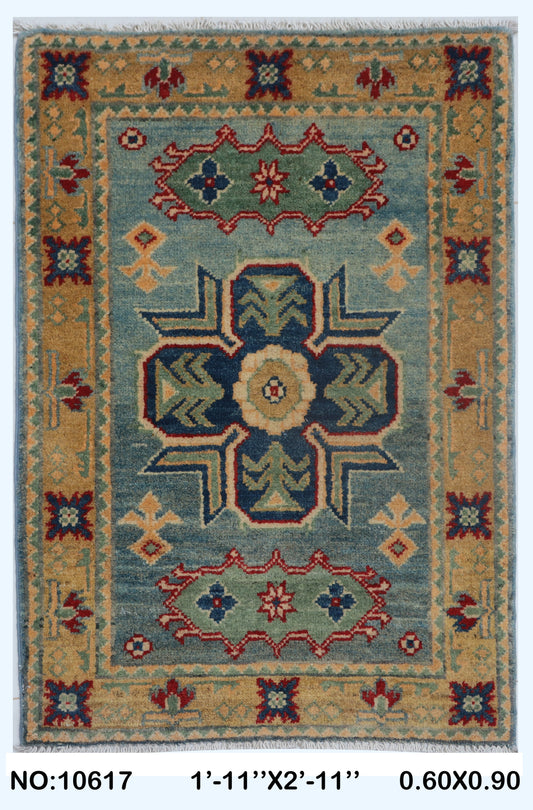 Full view of gray Commercial Kazak handwoven wool rug, 2 x 3 ft