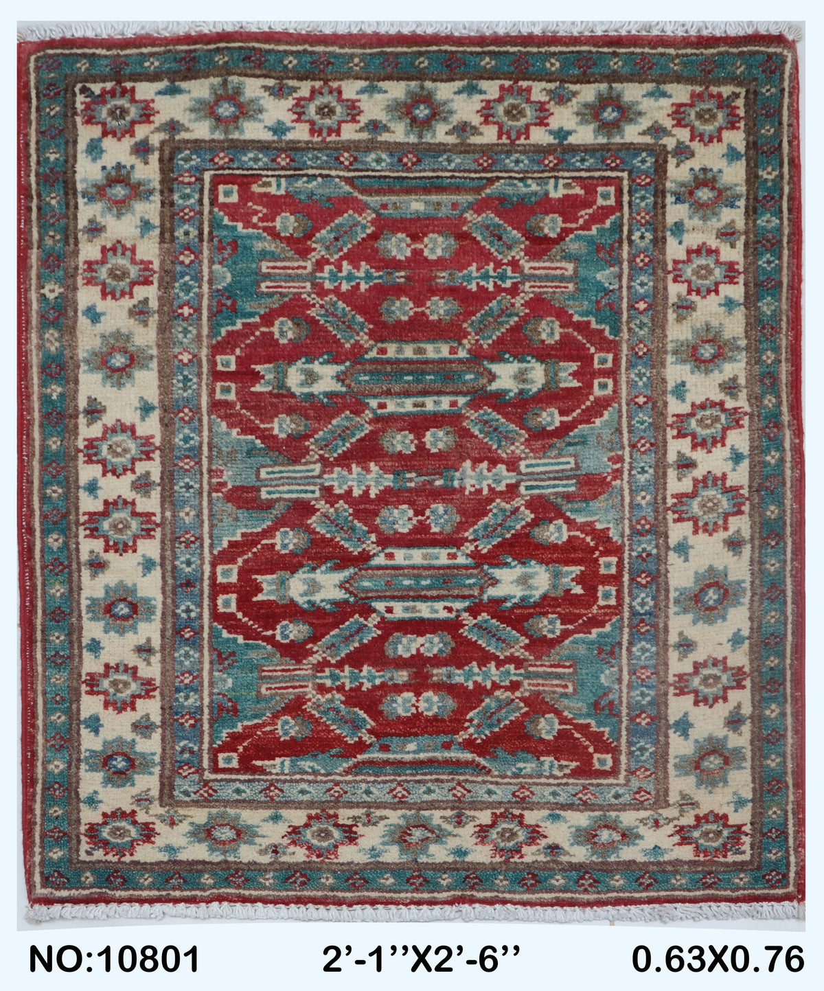 Full view of red Commercial Kazak handwoven wool rug, 2 x 2.5 ft