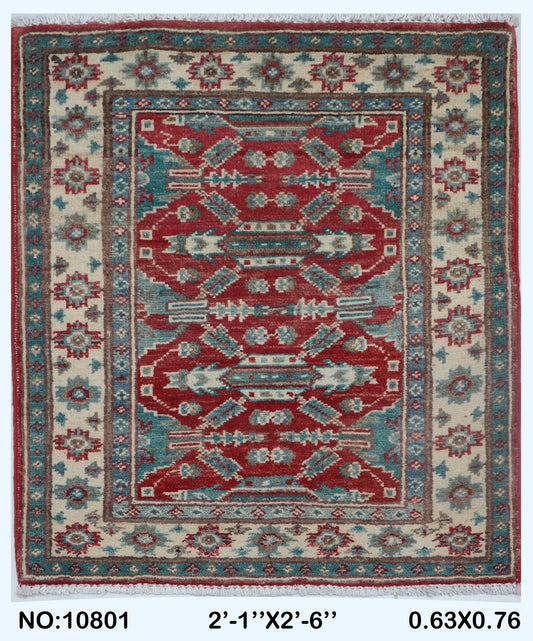 Full view of red Commercial Kazak handwoven wool rug, 2 x 2.5 ft
