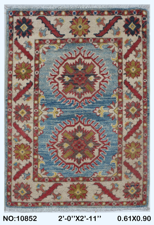 Full view of blue Commercial Kazak handwoven wool rug, 2 x 3 ft