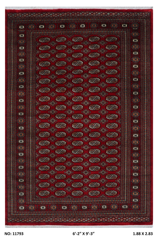 Full view of red Mori Bokhara handwoven wool rug, 6 x 9 ft
