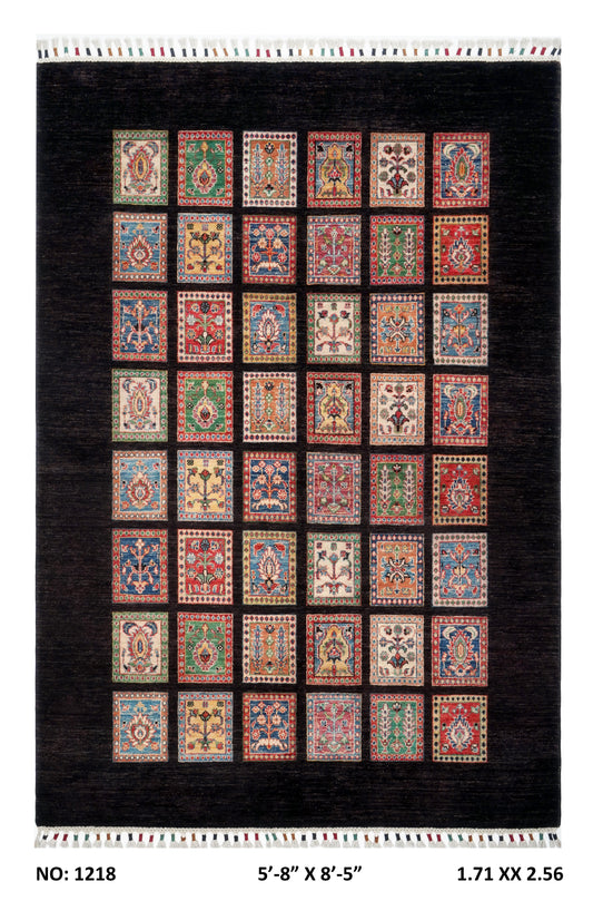 Full view of black Chobi 35/40 handwoven wool rug, 5.5 x 8 ft