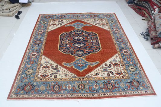 Full view of copper Chobi 35/40 handwoven wool rug, 8 x 10 ft