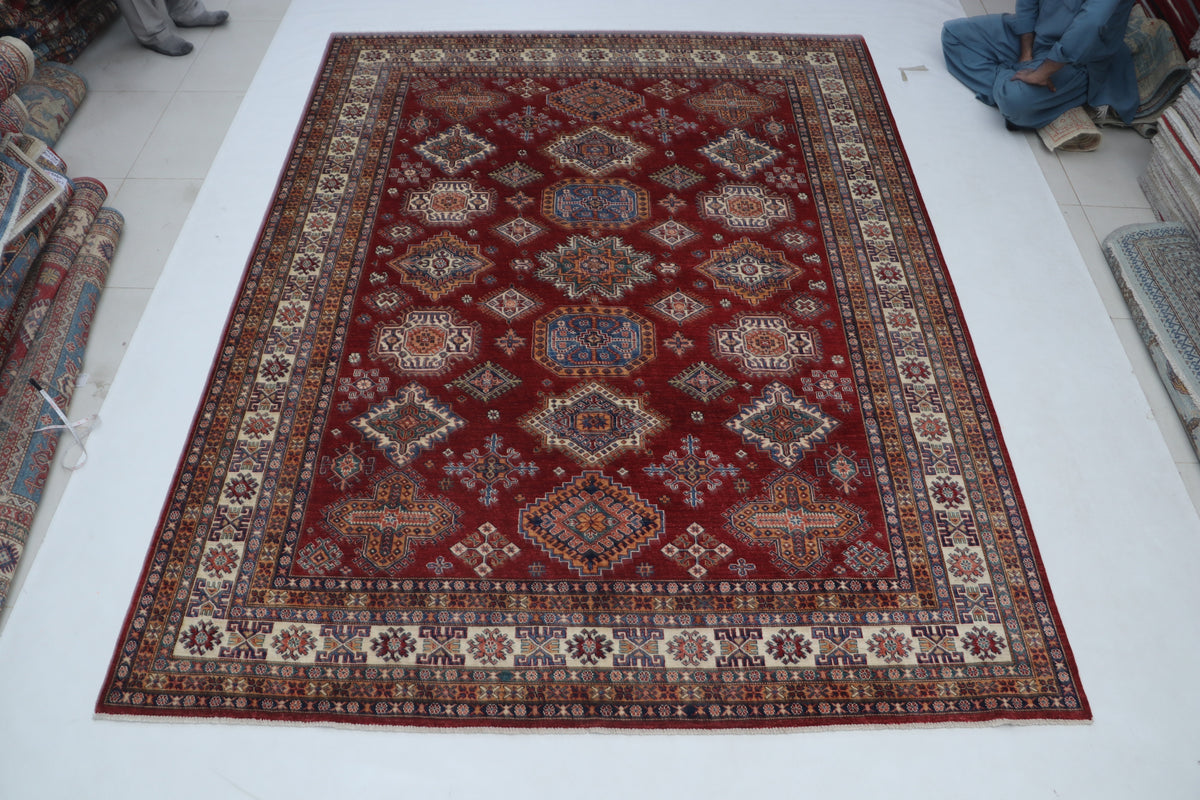 Detail view 2 of red Super Kazak handwoven wool rug, 8 x 10 ft
